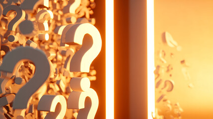 Poster - 3D rendering of numerous question marks, light beige, forming a dense mass, lit by warm orange light, suggesting uncertainty or the search for answers. Free space for text