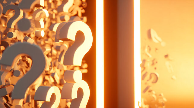 3D rendering of numerous question marks, light beige, forming a dense mass, lit by warm orange light, suggesting uncertainty or the search for answers. Free space for text