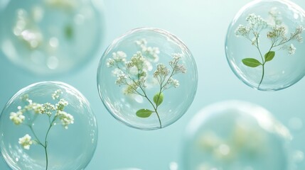 Poster - Close-up view of transparent bubbles containing small plants, gently floating in a calming blue environment, reflecting light beautifully
