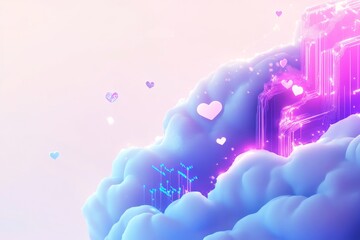 Fototapete - Abstract digital art with soft clouds, glowing shapes, and hearts