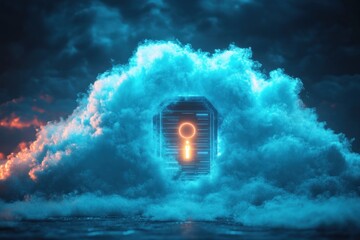 Poster - A vibrant blue cloud forms around a secure vault door, representing the essence of data security and digital protection in a futuristic setting