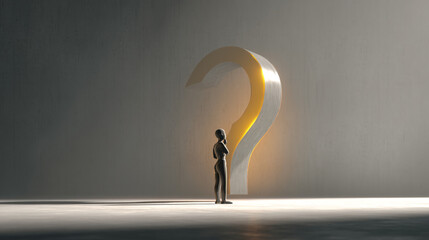 Poster - Abstract 3D render of a figure contemplating a large question mark, symbolizing uncertainty, choice, or decision-making