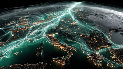 Poster - digital visualization of Europe interconnected water grid, illuminated with glowing lines representing data flow and connectivity across continent