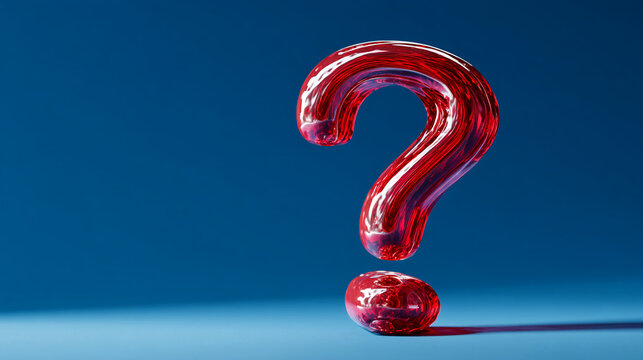 Red glass question mark on blue background, showcasing concept of inquiry, doubt, or uncertainty Free space for text