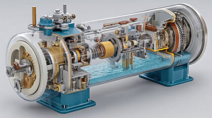 Poster - detailed cross section diagram of hydro turbine showcases intricate water flow and mechanical components, highlighting engineering marvel of renewable energy technology