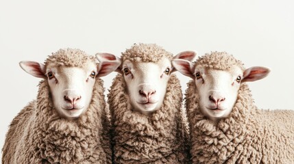 three sheep with fluffy coats huddled together, positioned in front of a white background and lookin