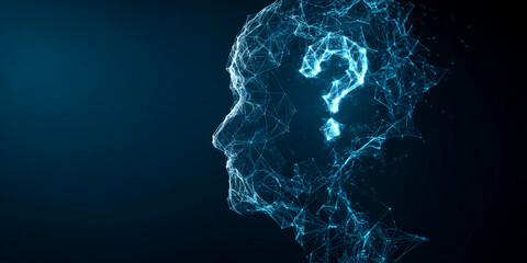 Poster - Abstract profile of a head, formed by network of glowing lines, with question mark inside symbolizing curiosity, inquiry, problem-solving set against dark blue background, leaving free space for text