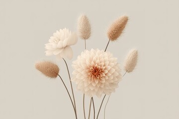 Poster - Elegant arrangement of soft-colored flowers on a neutral background showcasing delicate textures and shapes