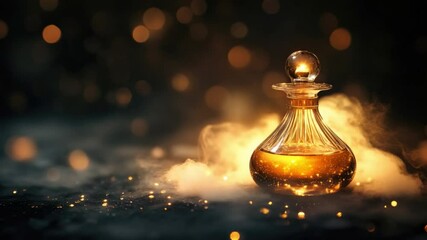 Poster - enchanting glass bottle filled with glimmering liquid surrounded by magical light and ethereal mist