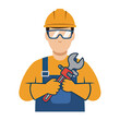 © Shahid - Worker with tool: A skilled construction worker, equipped with a safety helmet and protective eyewear, stands poised, wielding a versatile wrench.