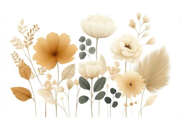 Poster - Elegant arrangement of beige and cream flowers with soft green leaves in a minimalistic style