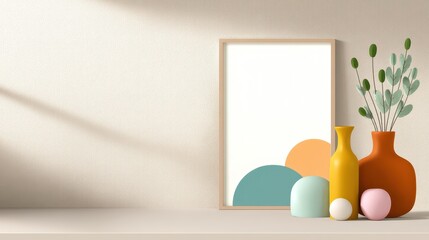 Poster - Minimalist Illustration of Pastel Shapes and Decorative Vases on a Simple Background