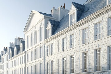Poster - Elegant white architecture showcasing detailed windows and rooftop features in a serene urban environment during daylight hours