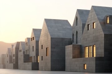 Poster - Unique modern architecture with geometric shapes in a serene twilight setting at a coastal village