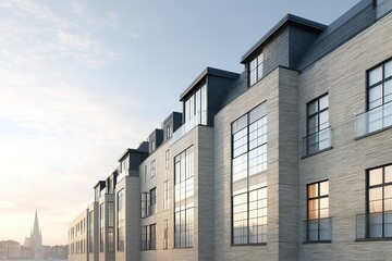 Poster - New modern apartment building with sleek design and large windows in urban setting during sunset