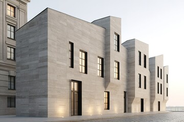 Poster - Modern architectural design featuring sleek stone buildings along a city street at dusk