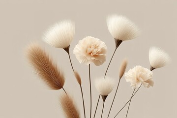 Poster - Dried floral arrangement with soft pastel colors highlighting unique textures and shapes in a minimalist setting
