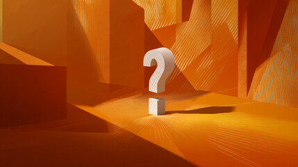 Poster - White question mark on orange textured background, abstract 3D rendering, symbolizing inquiry, uncertainty, or problem-solving, suitable for conceptual designs