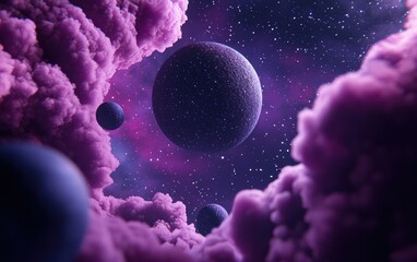 Wall Mural - A vibrant cosmic scene featuring purple clouds and celestial bodies, creating a mystical atmosphere of the universe.