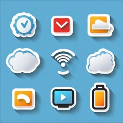 Aufkleber - Tech pictogram stickers set featuring wifi signal, cloud icons, gear, and battery symbol on a blue background for digital communication