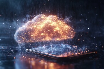 Poster - A luminous cloud releases streams of digital files into a dark, rainy environment, reflecting light on a smooth wet surface below