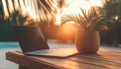 Poster - A sleek laptop sits on a rustic wooden table adorned with a potted plant, all illuminated by the warm glow of sunset in a serene tropical environment 