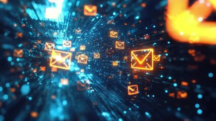 Poster - Futuristic Digital Background with Glowing Email Icons Traveling Through Space in a Vibrant Network