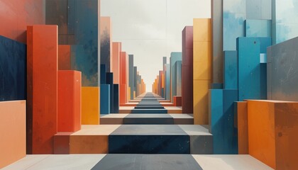 Poster - Vibrant geometric structures urban environment digital art abstract composition perspective view modern aesthetics for creative design impact