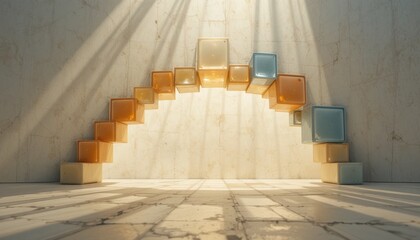 Poster - Artistic display of colorful glass blocks forming an archway in minimalist interior modern design soft lighting contemporary artistic concept