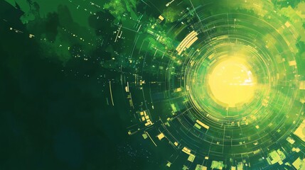Poster - Abstract vibrant green and yellow digital art, with concentric circles and glowing center