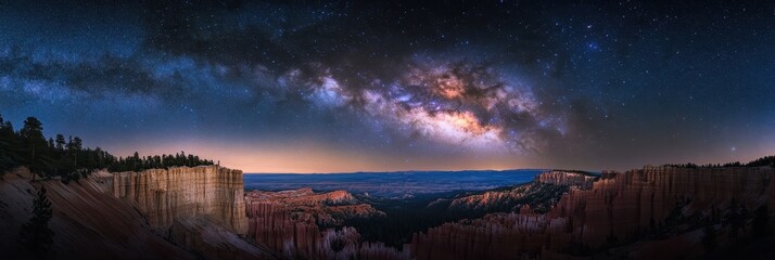 Stunning Panoramic View of the Milky Way Above Bryce Canyon, Showcasing Celestial Beauty Against a Dark Blue Sky