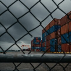 Fototapete - containers stacking near the port with wire net as the blockade