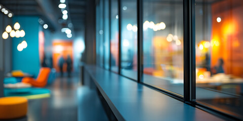 Aufkleber - Blurred view of modern interior, showcasing a sleek window ledge with free space, overlooking a vibrant, colorful lounge area.  Represents contemporary design and stylish workspace