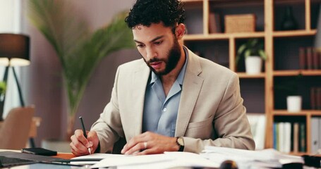 Poster - Documents, laptop and businessman write for research, information or report on company budget. Computer, paperwork and male financial manager with investment planning for corporate accountant.