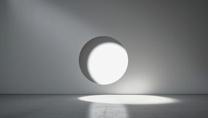 Poster - Floating sphere illuminating minimalist gallery space in modern art exhibit abstract light and shadow play contemporary aesthetics