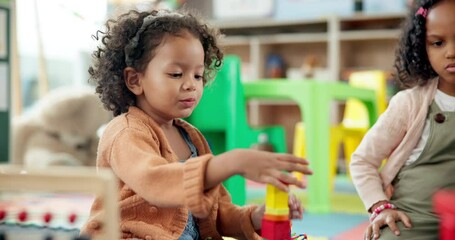 Poster - Child, student and stack blocks in classroom for learning, problem solving and creative activity. Kid, talk and building toys for education game, puzzle solution and motor development in kindergarden
