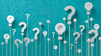 Poster - White question marks and lightbulb shapes on sticks against a teal textured background, showcasing curiosity, inquiry, and the search for answers or solutions