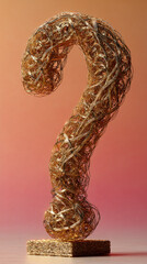 Poster - Golden wire intricately formed into a question mark, sitting on a small, textured base, against a gradient pink background. Represents curiosity, inquiry, and the search for answers.