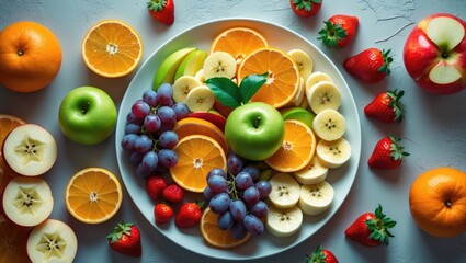 Poster - A colorful fruit assortment featuring fresh oranges, ripe bananas, juicy grapes, and crunchy apples