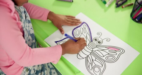 Aufkleber - Person, hands and child with drawing above for coloring, fun activity or assessment at kindergarten school. Top view, kid or butterfly with pencil for fine motor skills or early childhood development