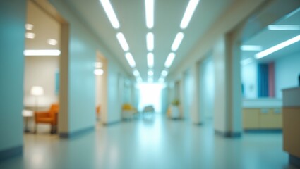 Poster - Blurred interior background featuring a long empty corridor with treatment rooms and a waiting area for patients and families illuminated by bright white lights.