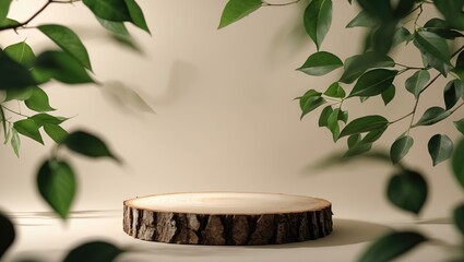 Poster - Minimalistic contemporary product showcase on a neutral backdrop. Wooden slice pedestal and foliage. Conceptual scene stage display for new merchandise, promotional sale, banner, presentation,