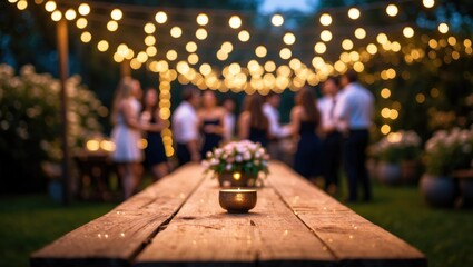 Poster - Abstract blurred lights background with a wooden table in the foreground