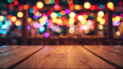 Poster - Picture of a wooden table set against an out-of-focus lights background.