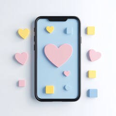 Fototapete - Mobile phone with pastel-colored hearts and shapes