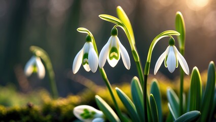 Poster - A detailed view of an individual snowdrop flower featuring white petals and green leaves, illuminated by gentle sunlight, amidst lively greenery in a natural environment