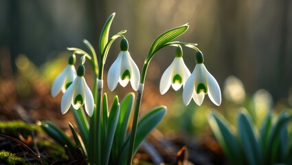 Poster - A close view of one snowdrop bloom with white petals and green foliage, glowing in soft sunlight, encircled by colorful plants in a natural backdrop