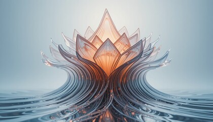 Poster - Fluid motion art displaying a vibrant glass lotus in tranquil waters modern digital art serene environment abstract viewpoint artistic concept