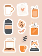 Aufkleber - Sticker set featuring cozy remote work essentials with a coffee cup, laptop, and playful cat on a beige background capturing comfort and creativity