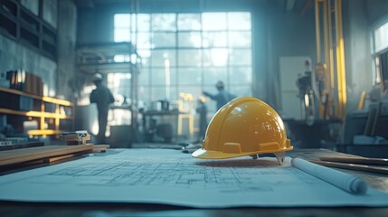 Industrial workspace, blueprints, and safety gear.